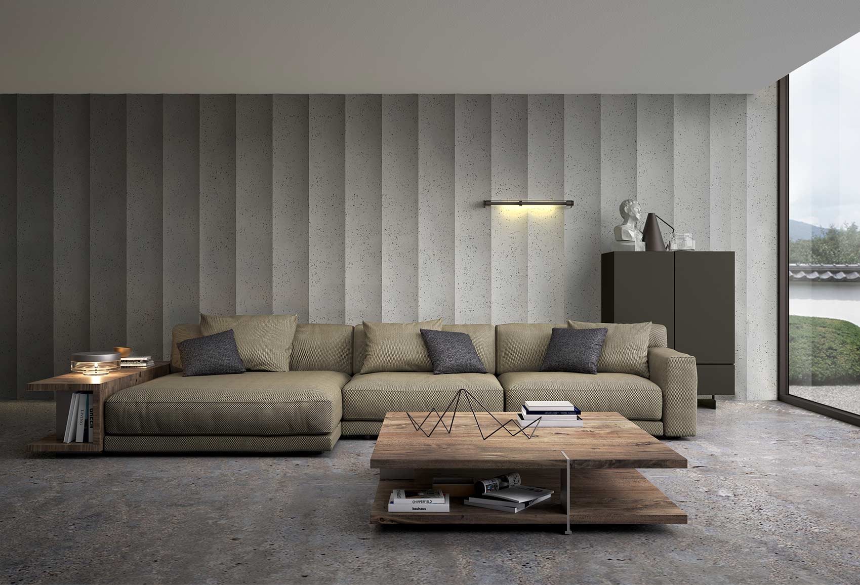 Panel decorativo NEOS imitación cemento en una pared de interior de salón de una casa