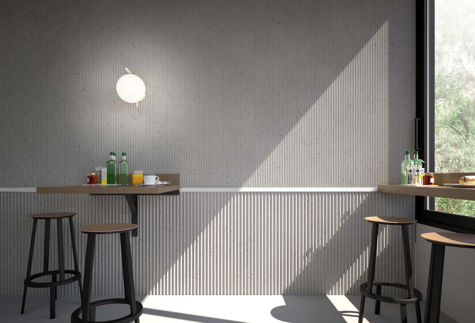 Panel decorativo SPIRIT imitación cemento en cafetería con perfil blanco combinado
