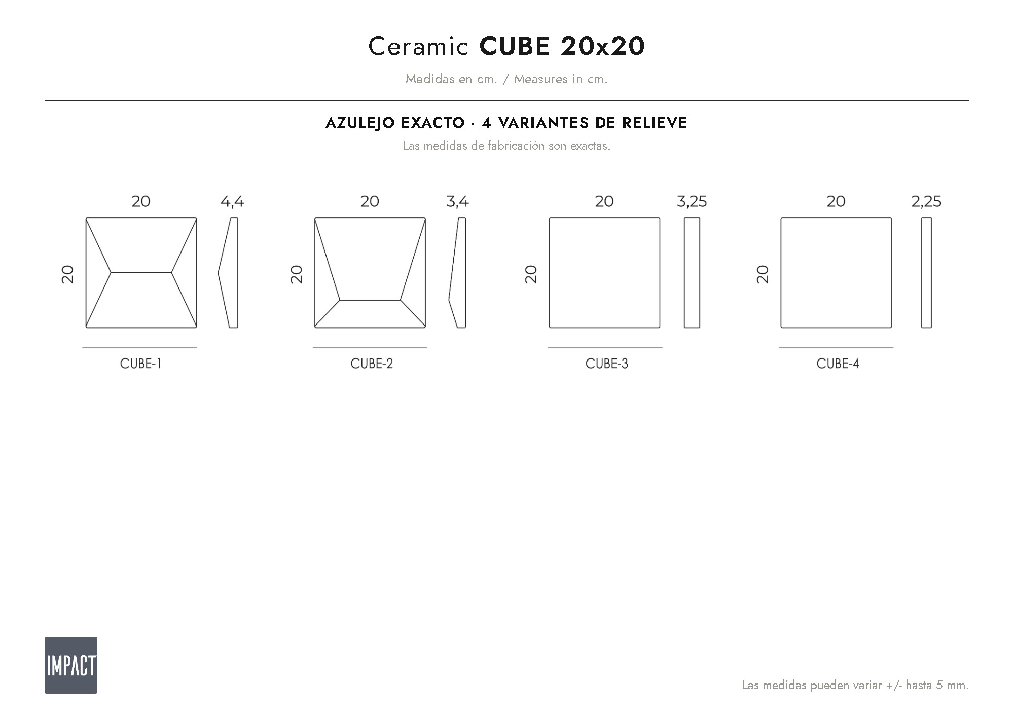Croquis de medidas del azulejo Cube (cm)