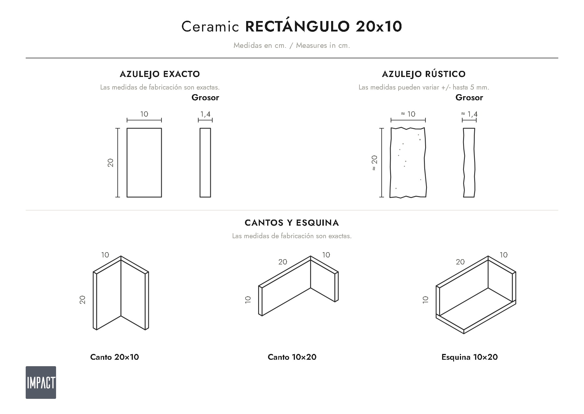 Tile dimensions drawing Rectángulo 20x10 (cm)
