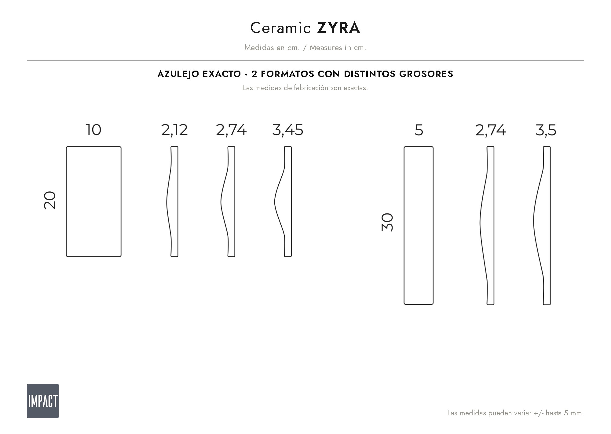 Croquis de medidas del azulejo Zyra (cm)