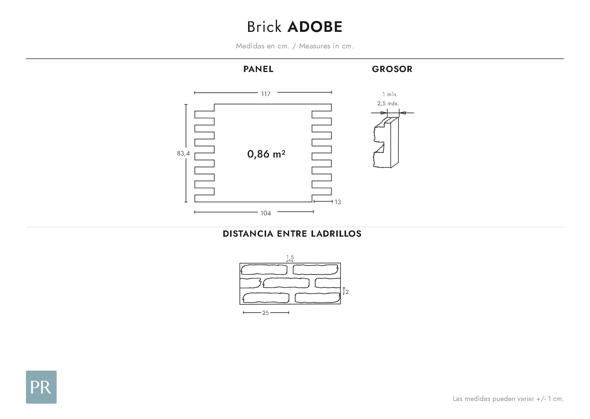 Panel dimensions drawing Adobe (cm)