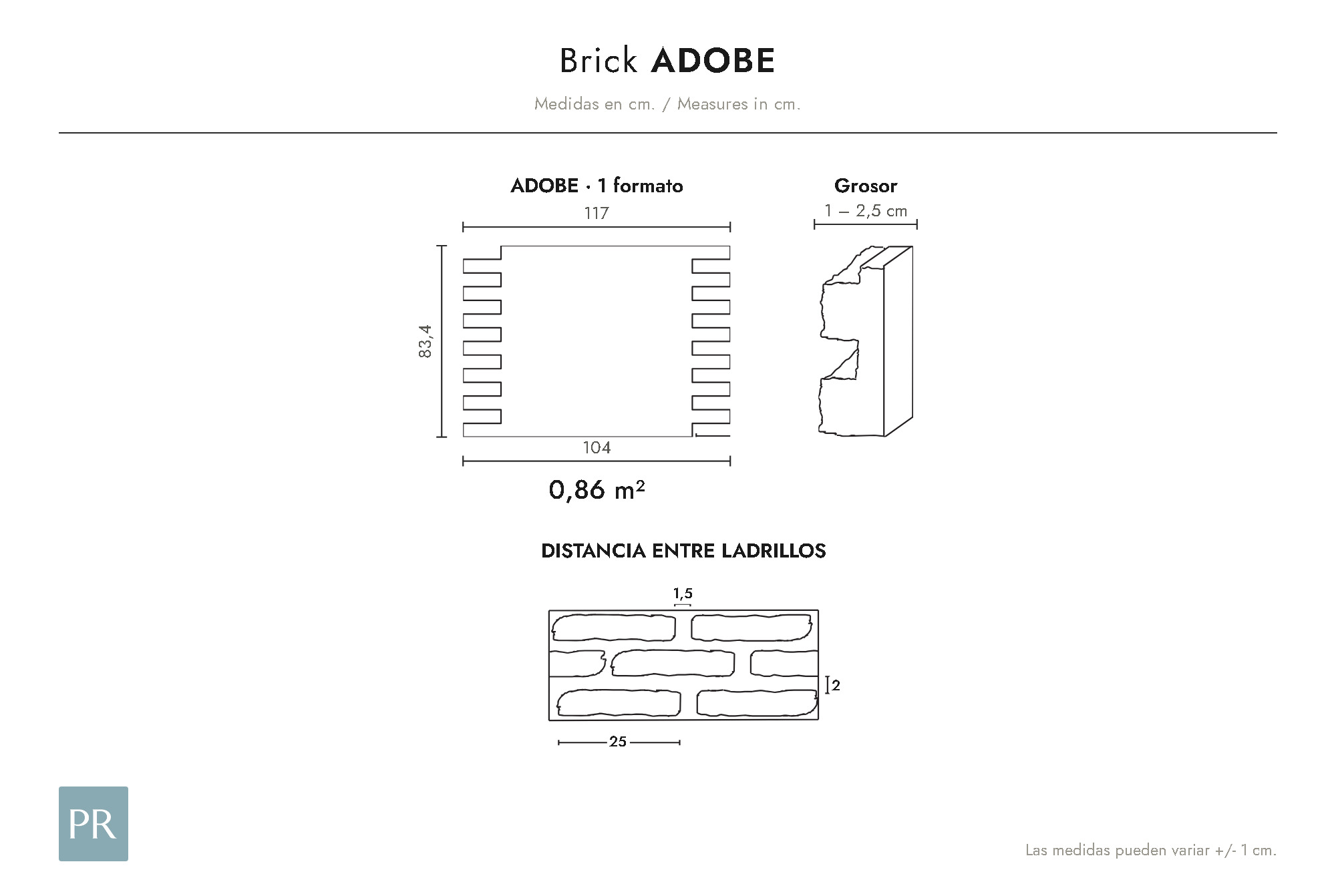 Croquis de medidas del panel Adobe (cm)