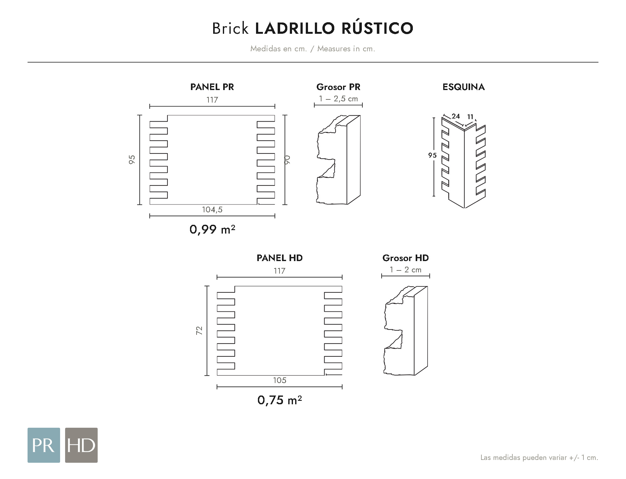 Croquis de medidas del panel Rústico (cm)