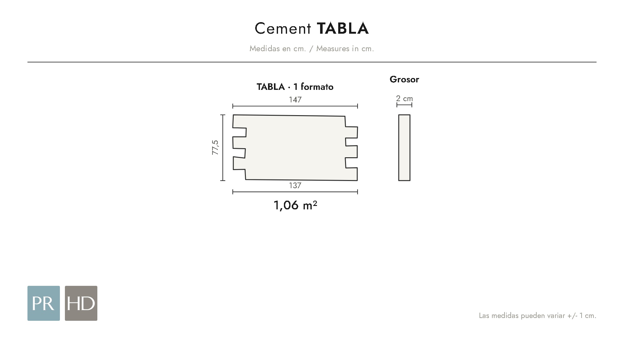 Panel dimensions drawing Tabla (cm)