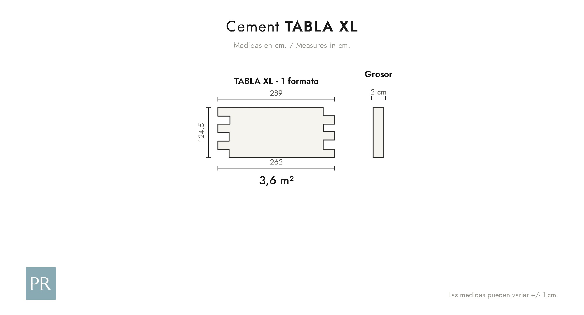 Panel dimensions drawing Tabla XL (cm)