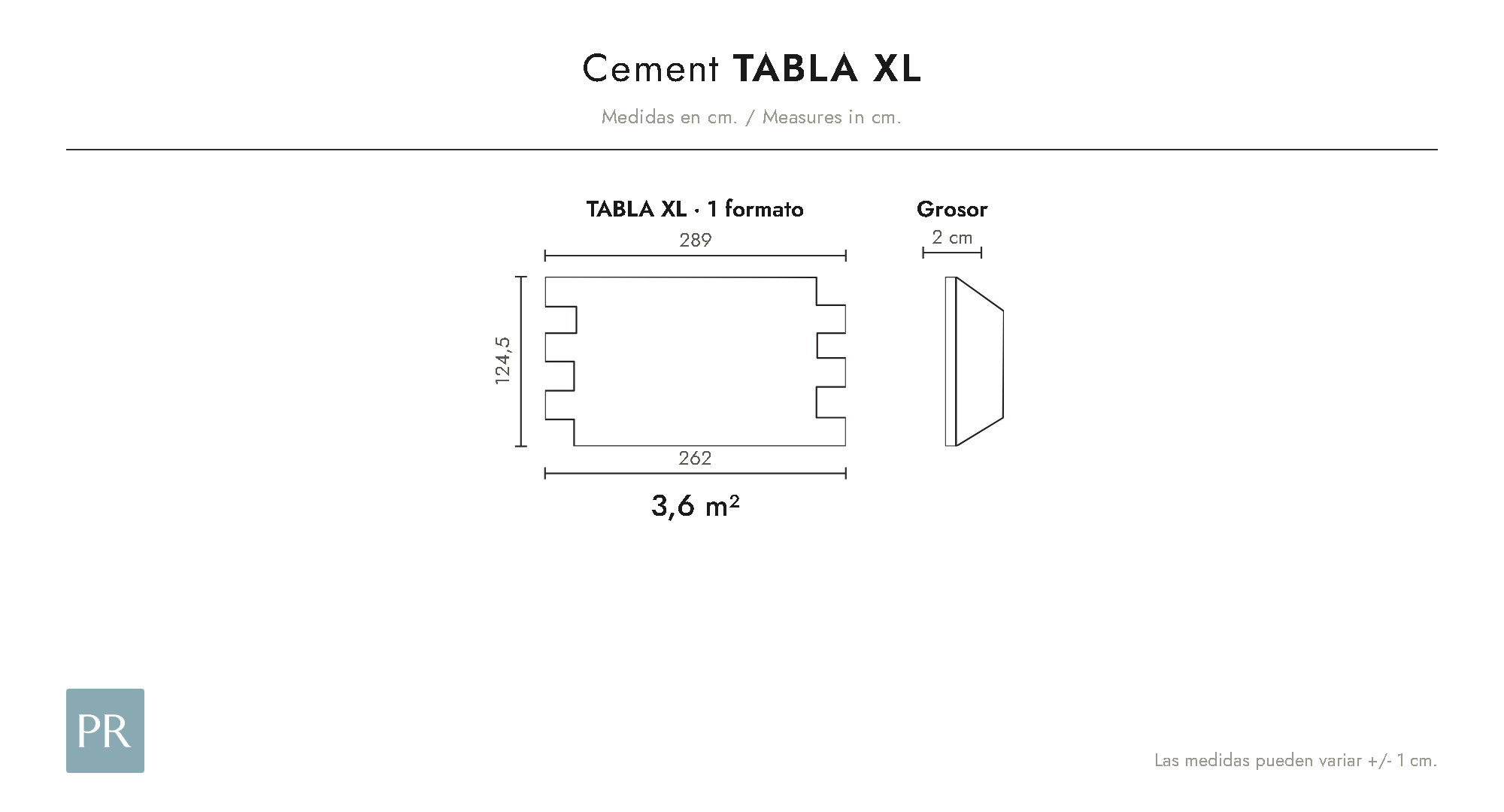 Panel dimensions drawing Tabla XL (cm)