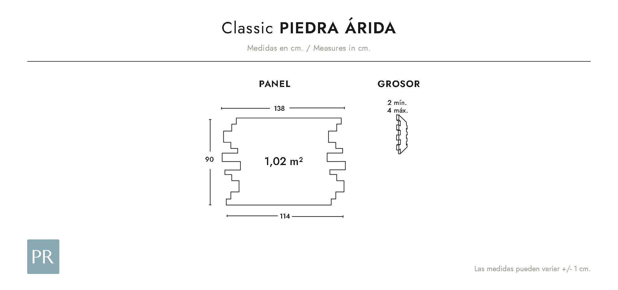 Panel dimensions drawing Piedra Árida (cm)