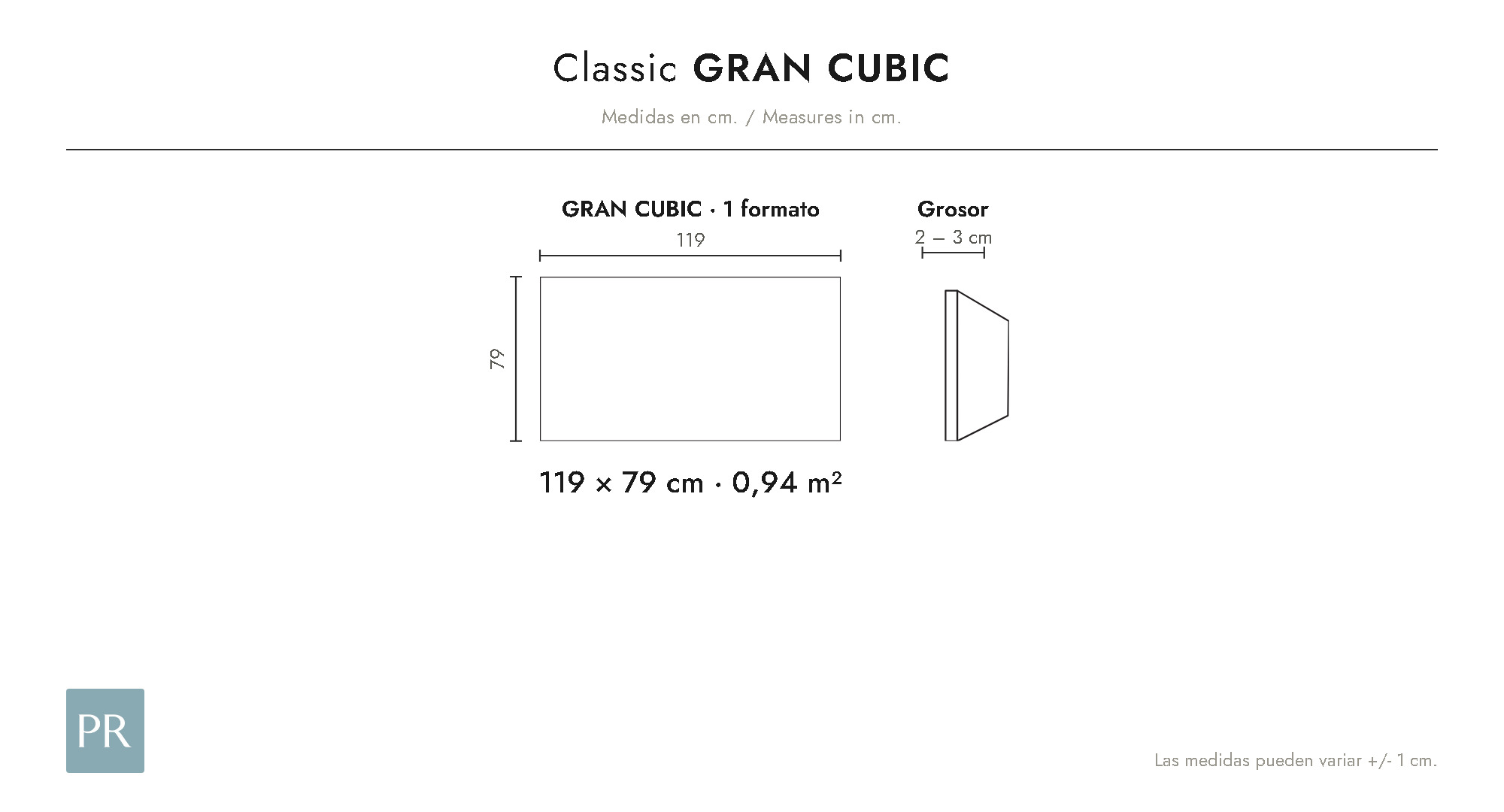 Croquis coté du panneau Gran Cubic (cm)