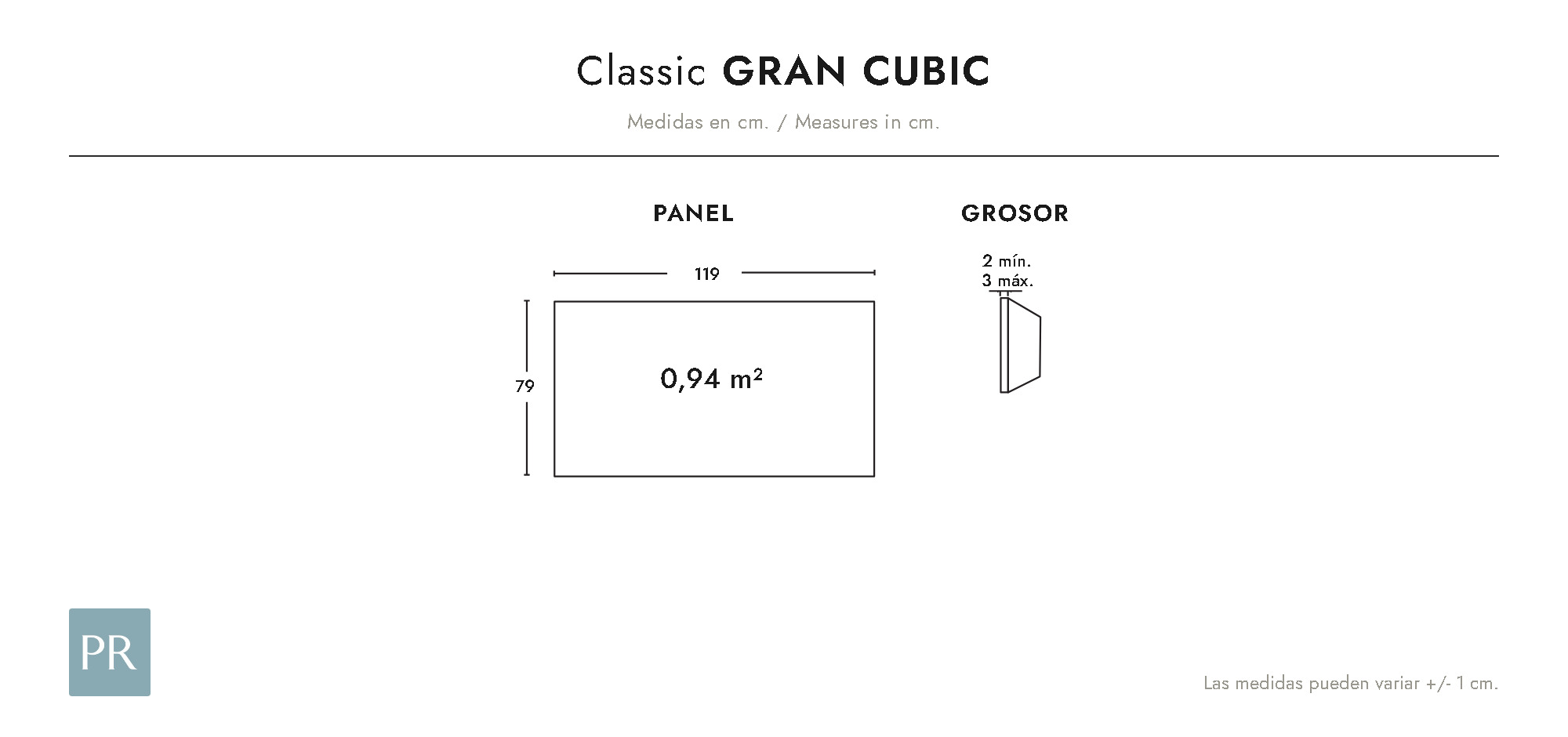 Panel dimensions drawing Gran Cubic (cm)