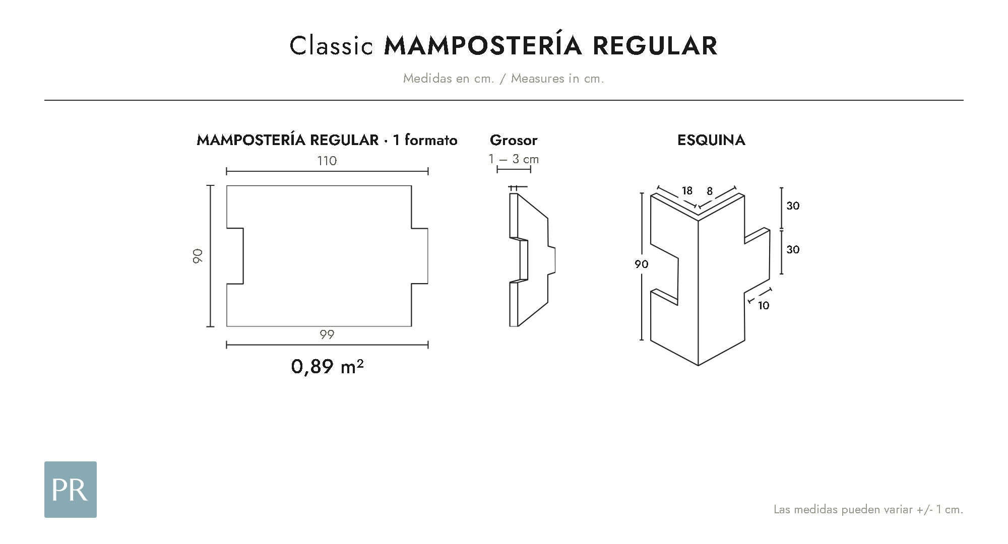 Panel dimensions drawing Mampostería Regular (cm)