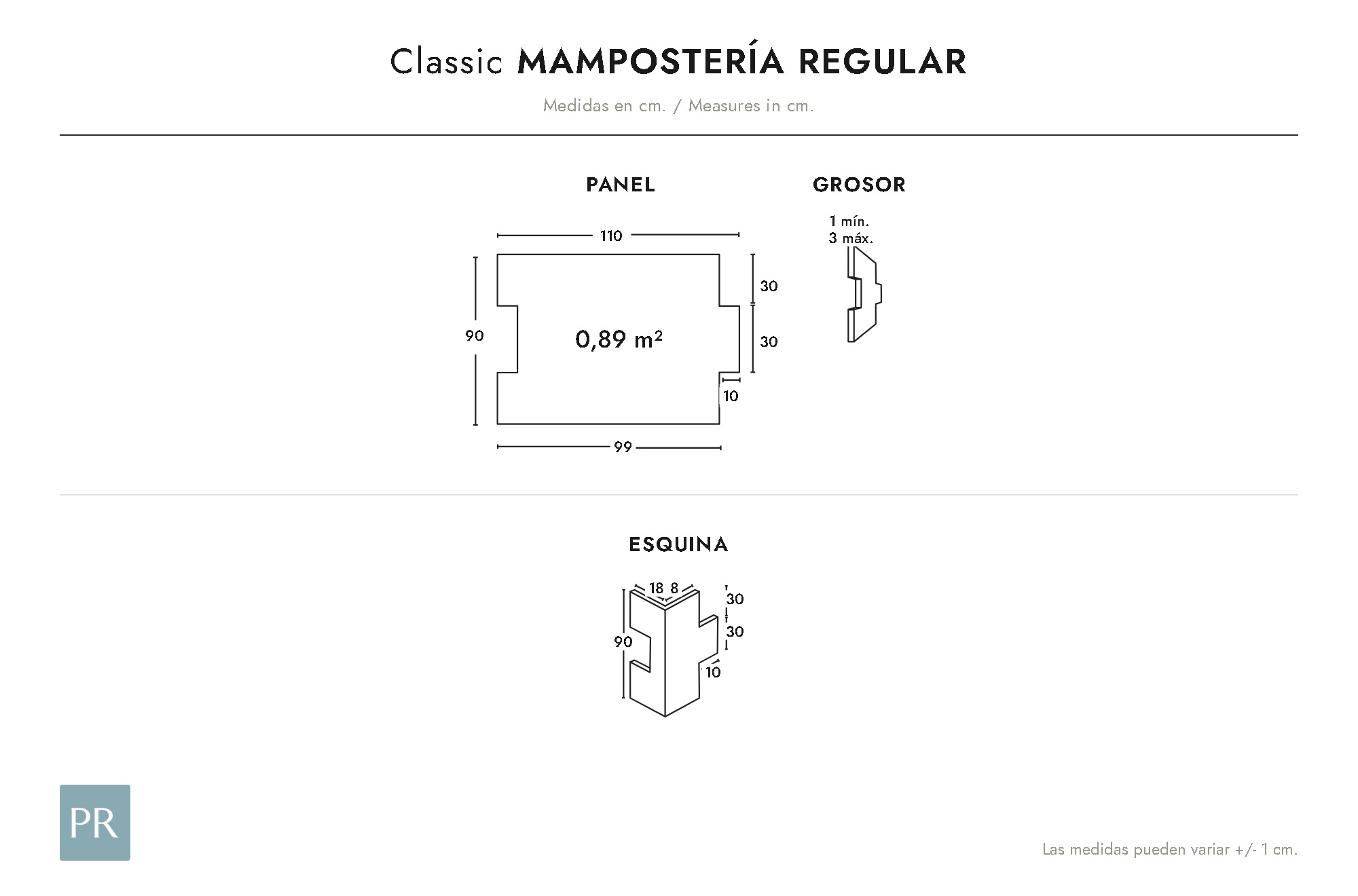 Panel dimensions drawing Mampostería Regular (cm)