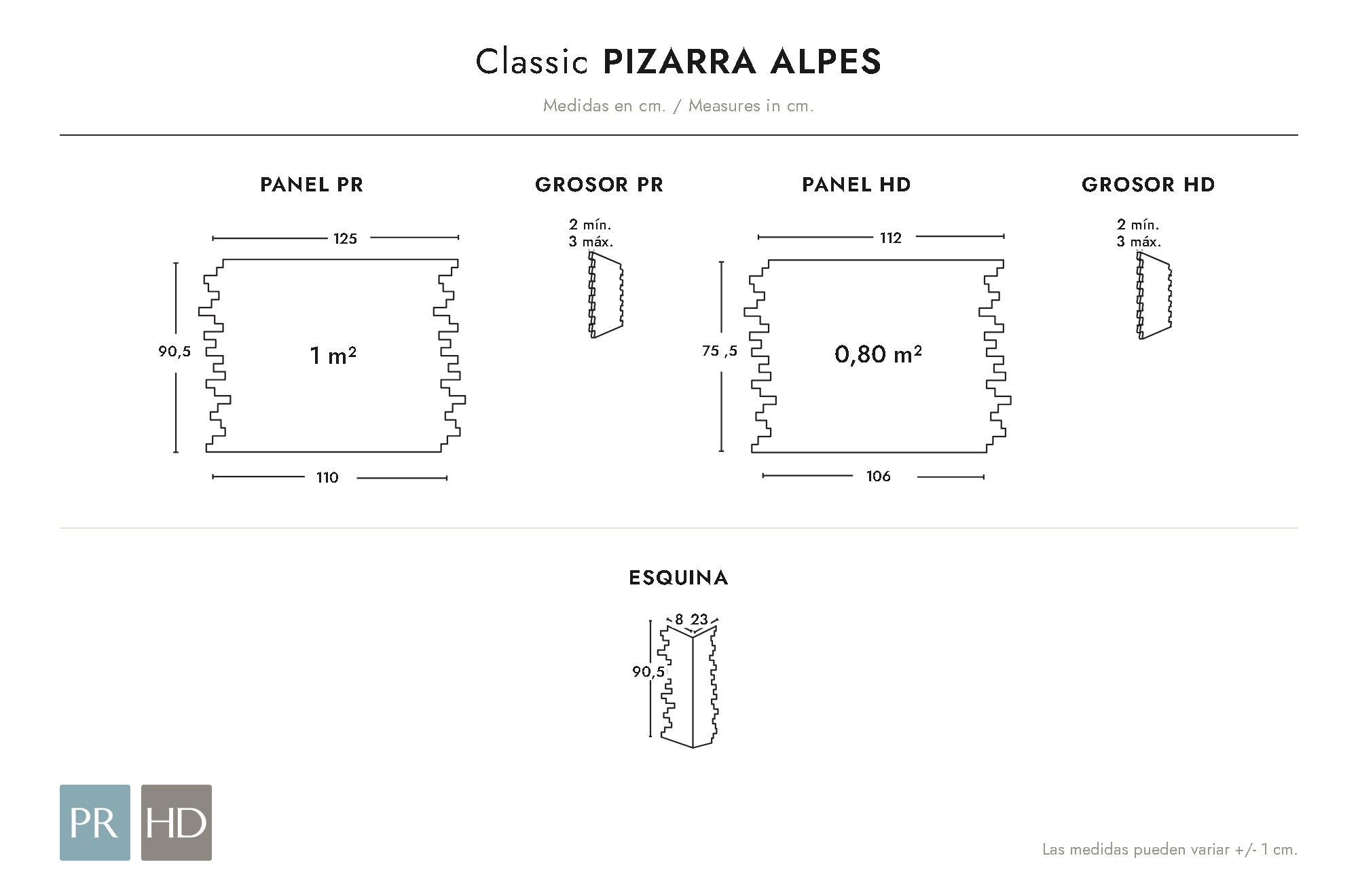 Panel dimensions drawing Pizarra Alpes (cm)