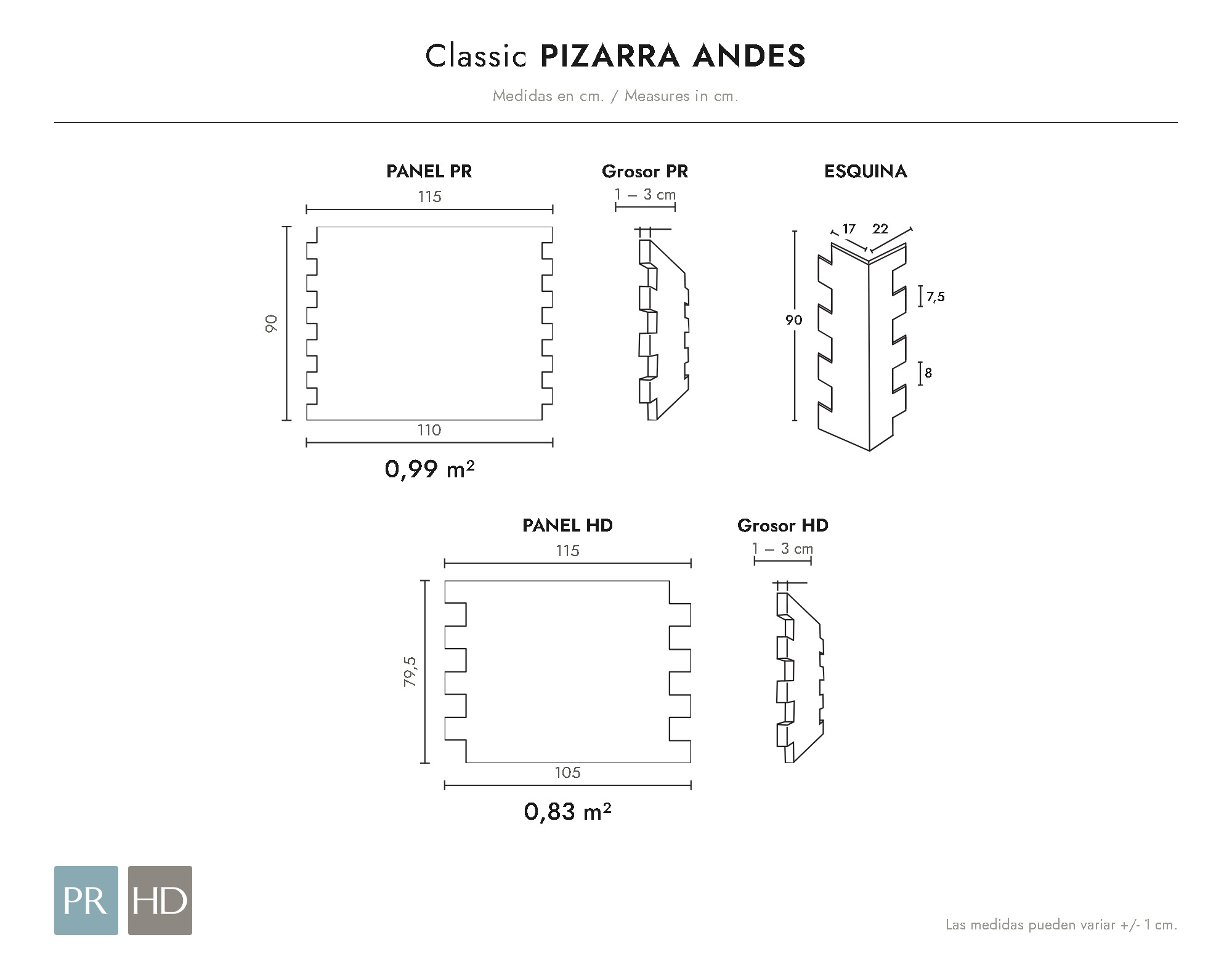 Croquis de medidas del panel Pizarra Andes (cm)