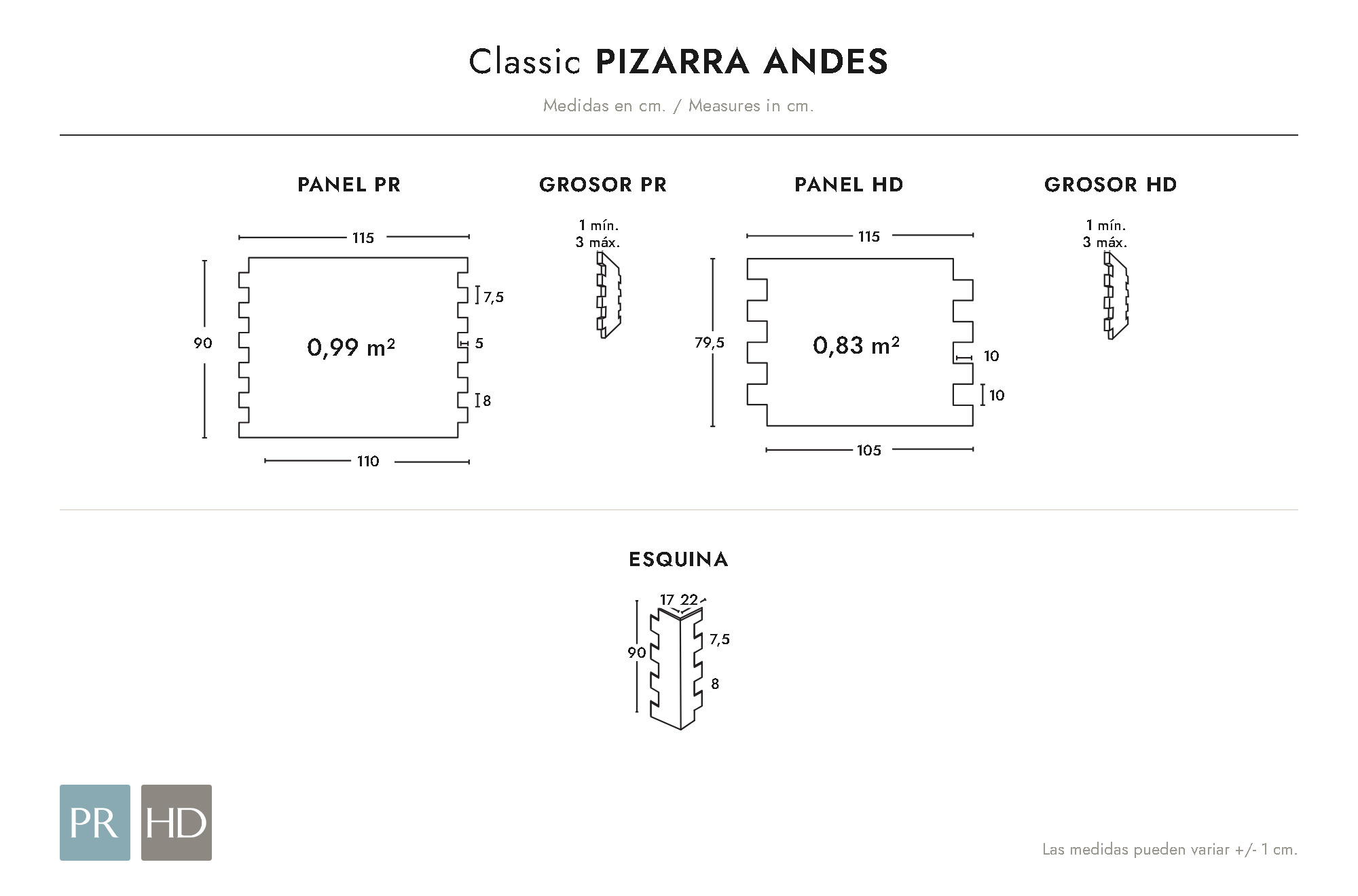 Croquis coté du panneau Pizarra Andes (cm)