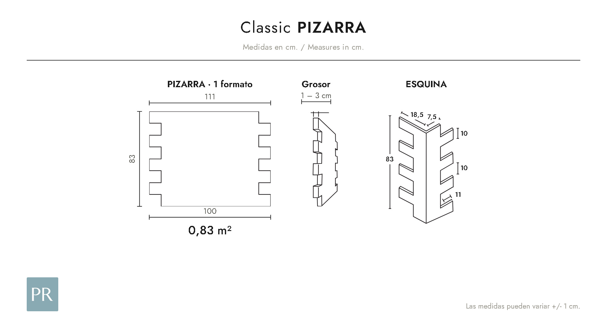 Croquis de medidas del panel Pizarra (cm)