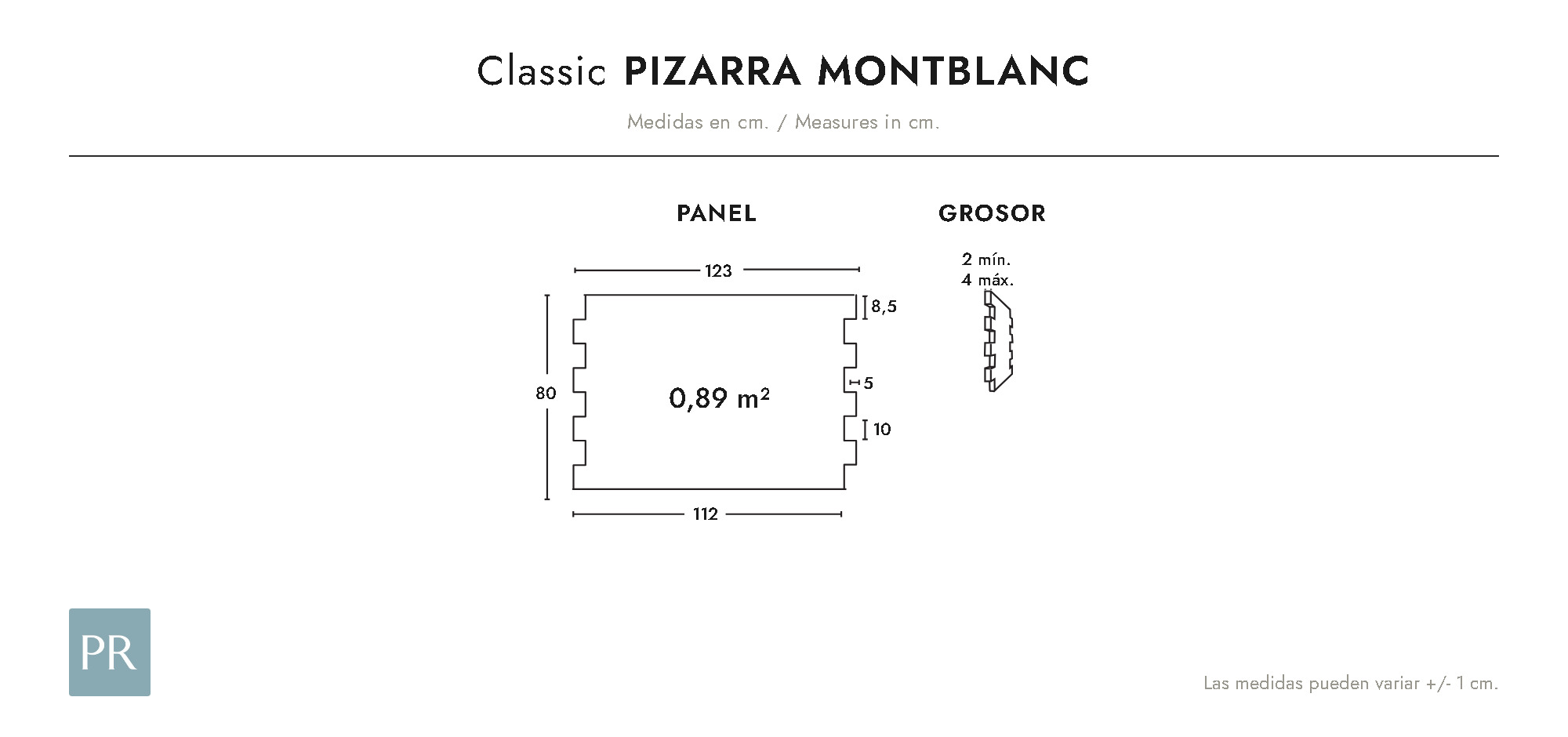 Croquis coté du panneau Pizarra Montblanc (cm)