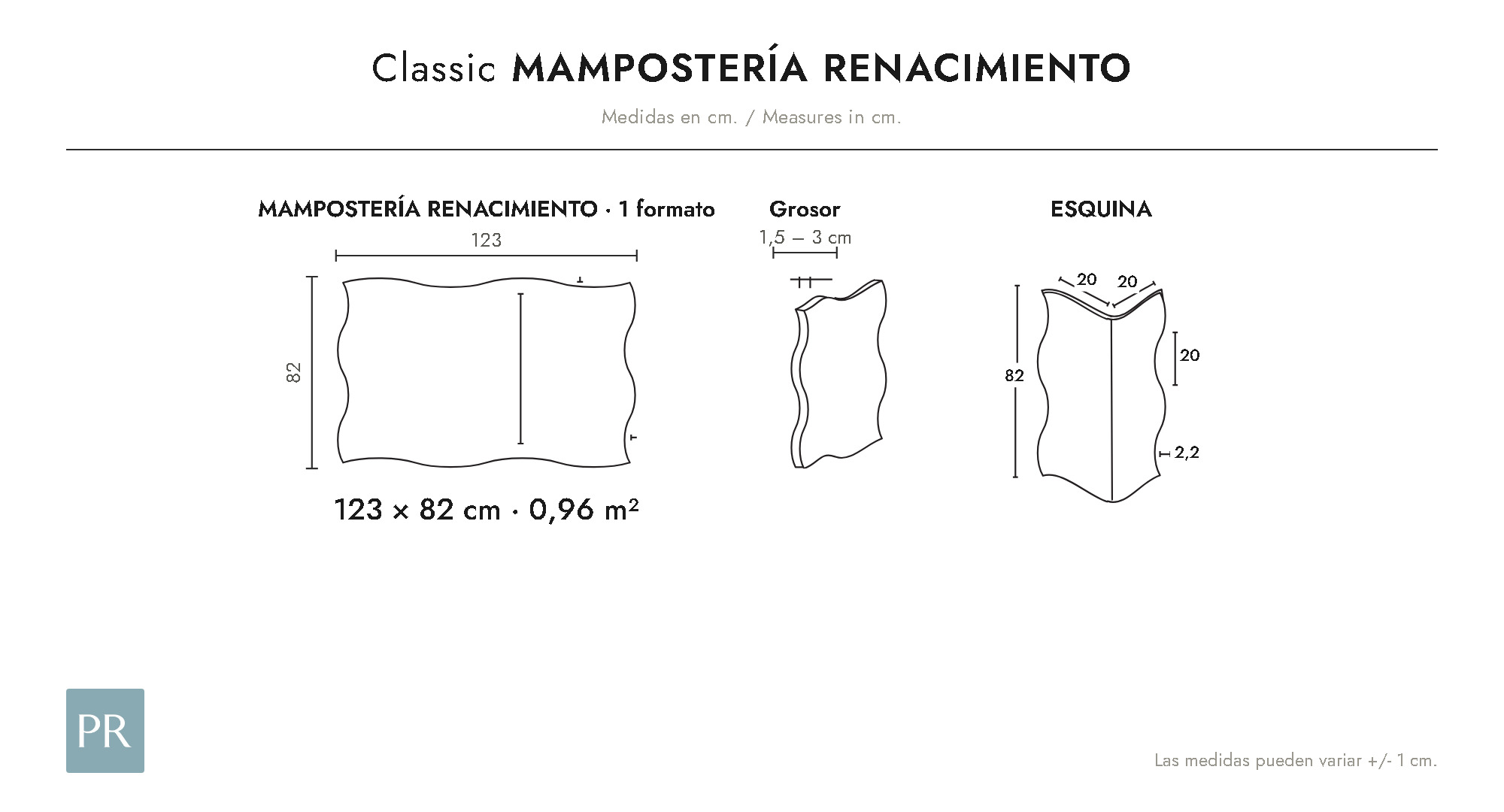 Panel dimensions drawing Mampostería Renacimiento (cm)