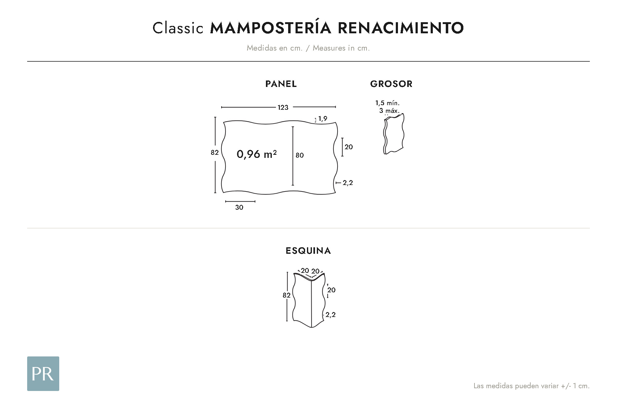 Panel dimensions drawing Mampostería Renacimiento (cm)