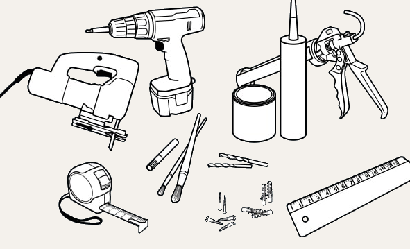 Tools needed to fit decorative panels: saw, screwdriver, tape measure, rule, drill bits, wall plugs, caulking gun, brushes and filler