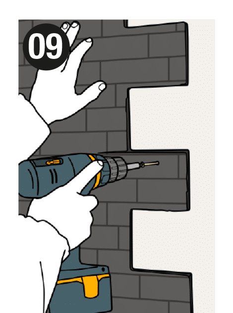 Step 9 of the installation: Position the panel and drive the screws into the plugs, sinking them 2-3 mm into the panel so they can be concealed later with filler.