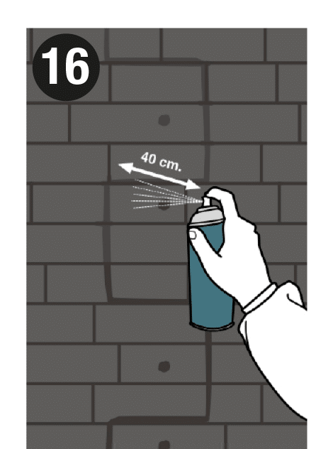 Step 16 of the installation: The spray matches the colour of the joints to that of the panel: once the paint is dry, apply a quick burst of ageing spray from 40 cm away.