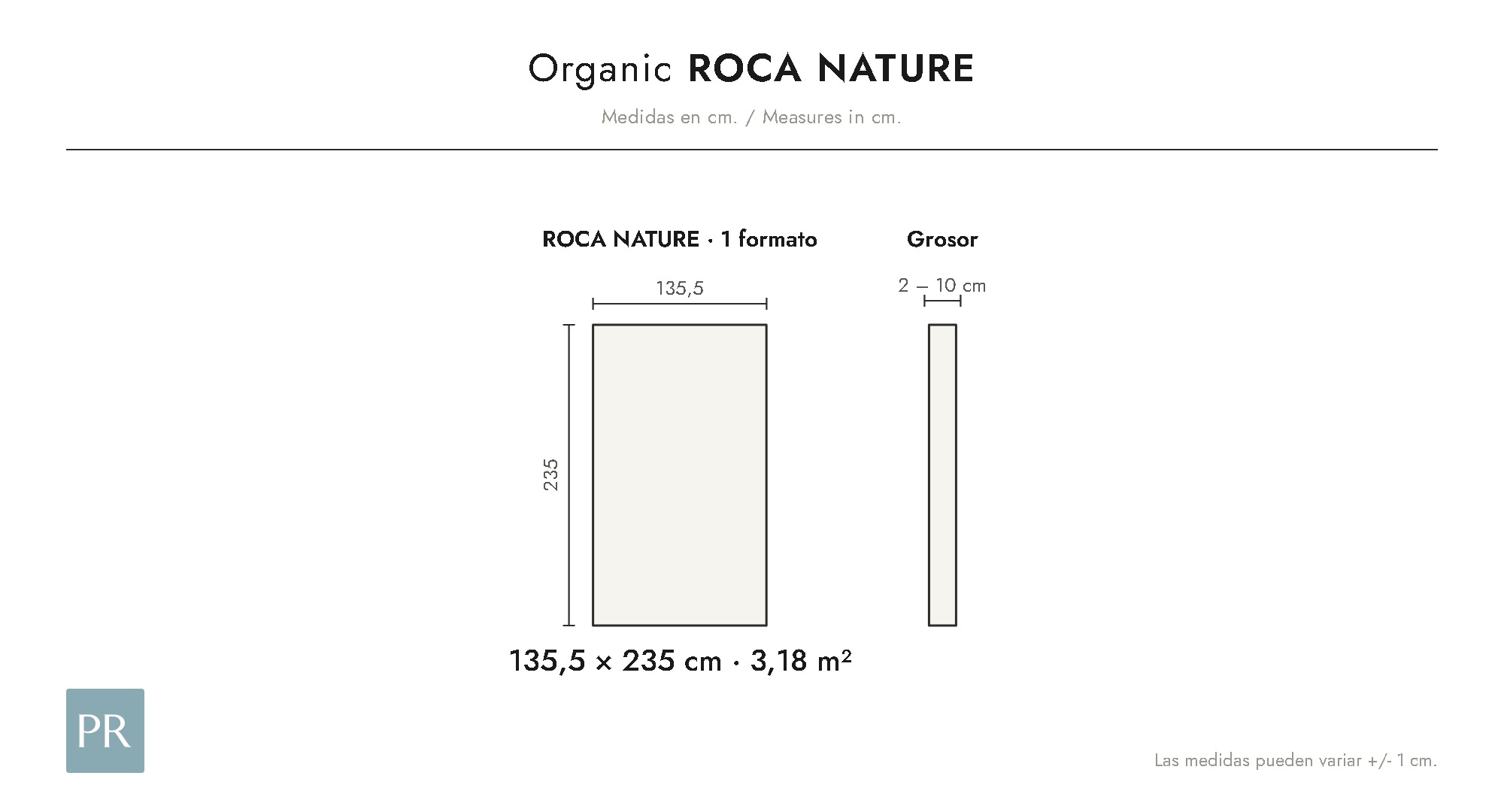 Croquis de medidas del panel Roca Nature (cm)
