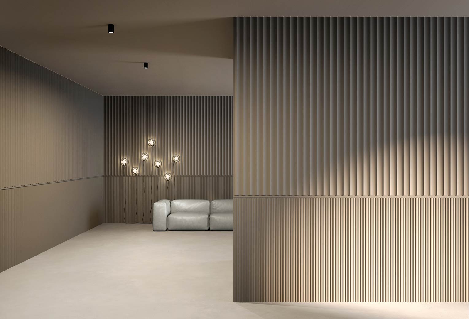 Panel decorativo ARKO en paredes de salón de un hogar en dos tamaños combinados con perfil en medio