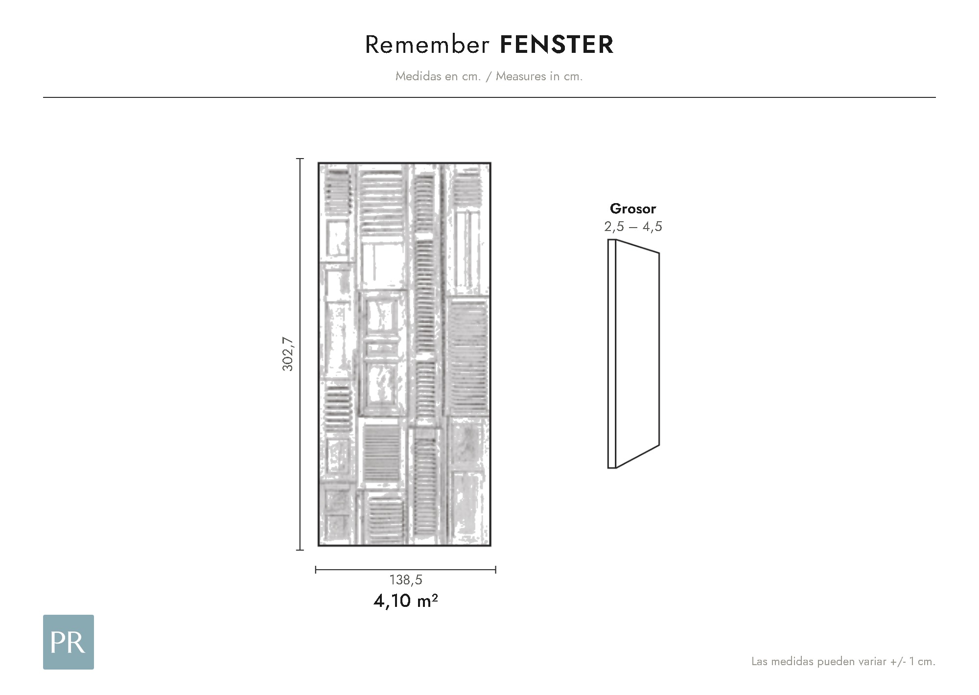 Croquis de medidas del panel Fenster (cm)