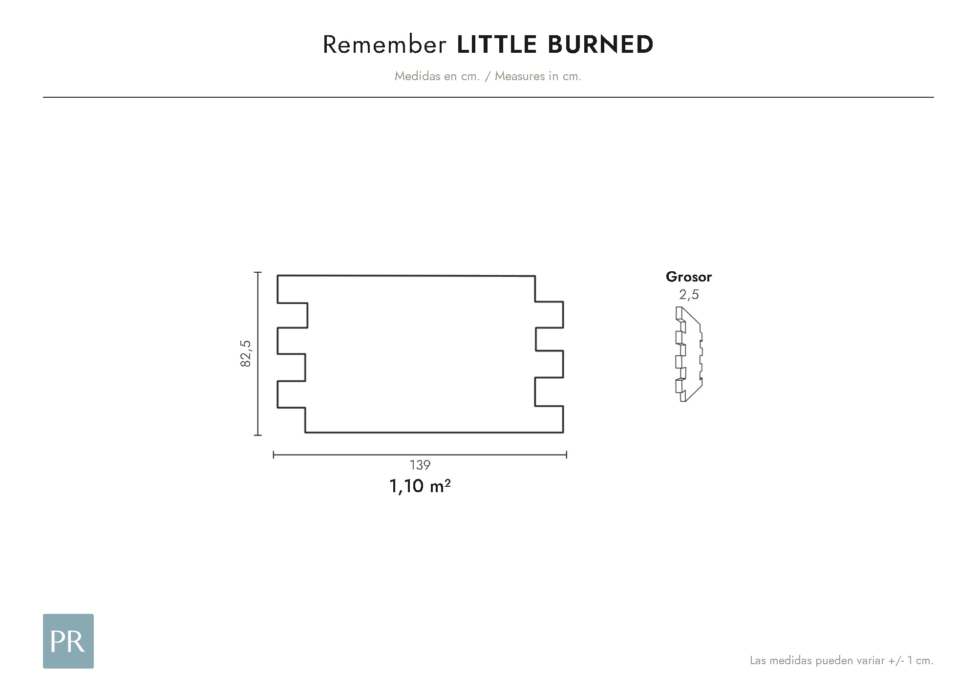 Croquis de medidas del panel Little Burned (cm)