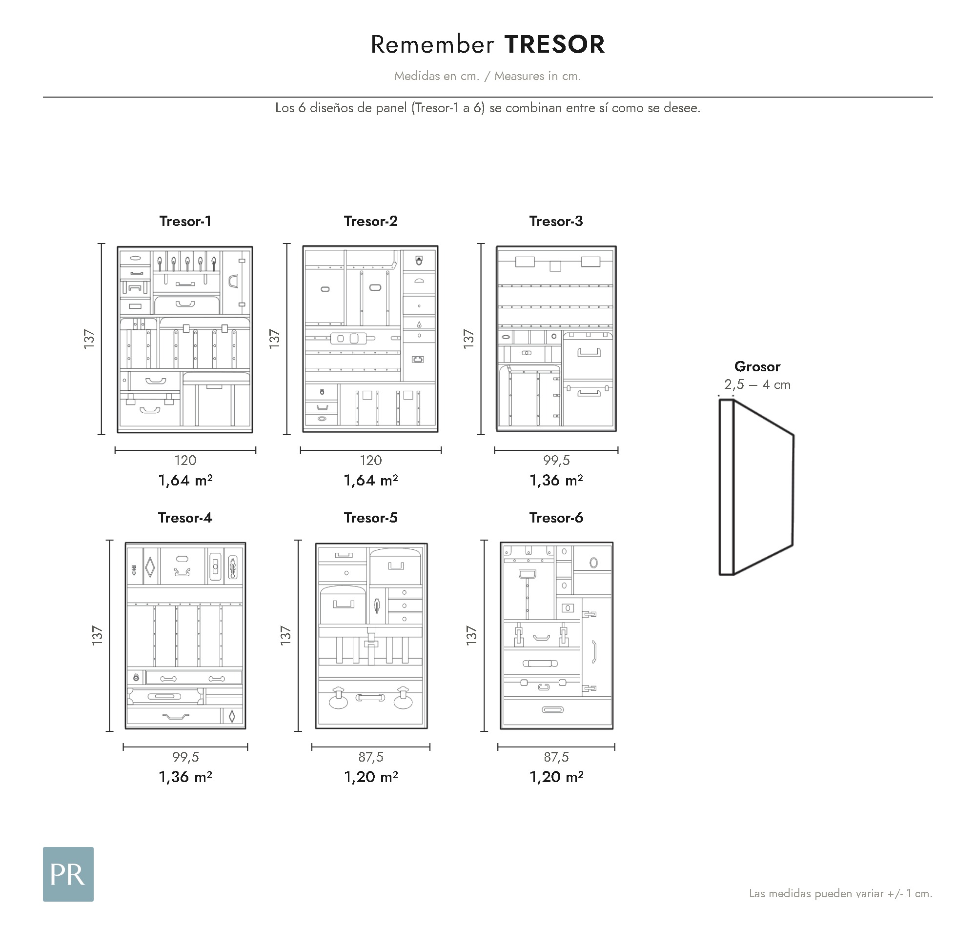Croquis de medidas del panel Tresor (cm)